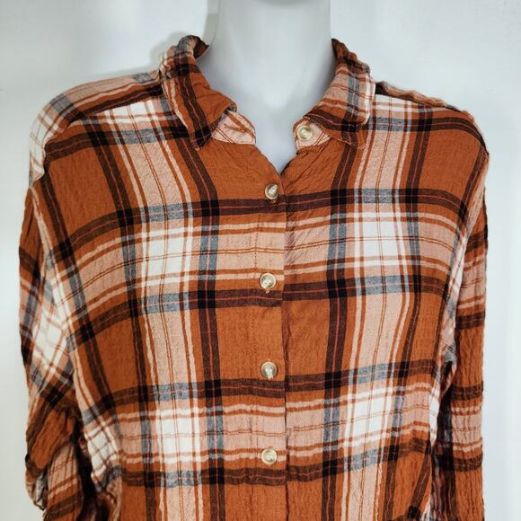 Jane and Delancey Women Shirt Plaid Button Long Tab Sleeve Orange Crinkle Medium - Picture 3 of 12